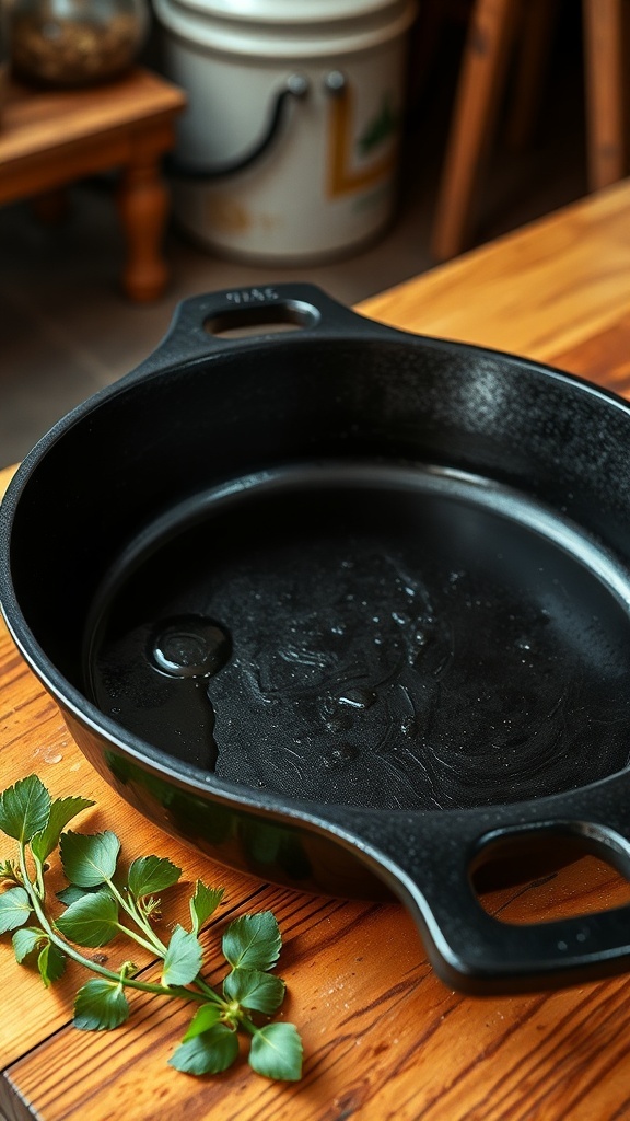 A seasoned cast iron skillet on a wooden countertop, surrounded by herbs and spices.